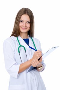 a female sermorelin doctor with a folder isolated on white background  201x300