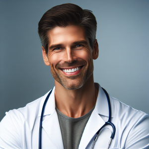 a photo realistic professionally appealing image of a good looking and athletic 35 to 45 year old happy smiling male white doctor with white teeth