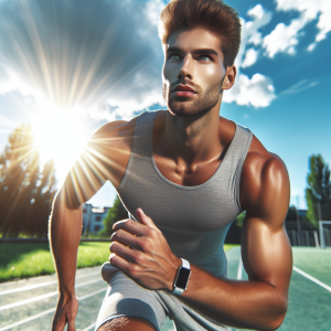 a photo realistic professionally appealing image of a good looking and athletic white man exercising or playing sports outside on a sunny day 775 300x300